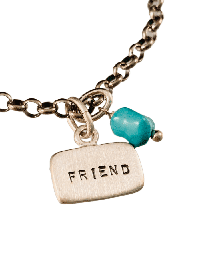 Friend Sterling Silver Tag Charm Bracelet with Turquoise Drop