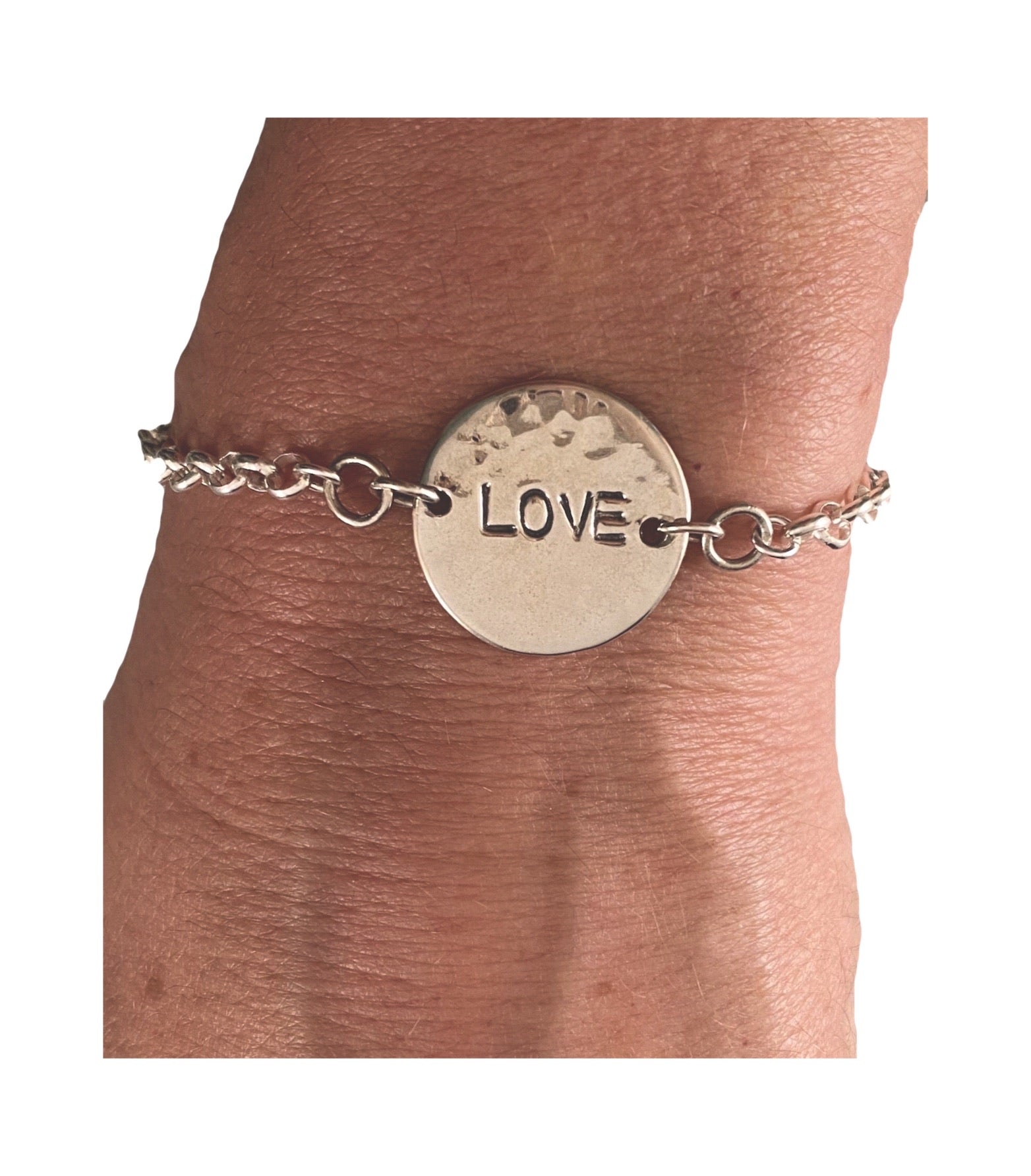 ‘Love’ Sterling Hammered Disc ID Bracelet