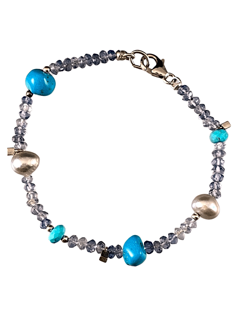 Faceted Iolite Turquoise and Pearl Gemstone Beaded Bracelet