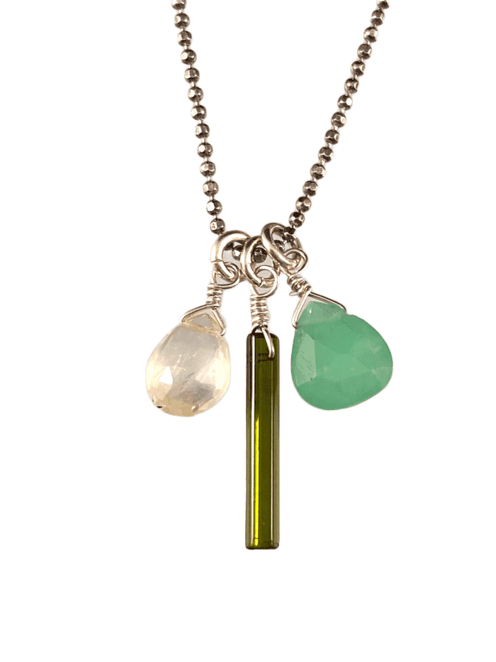 16" Sterling Silver Chrome Diopside Mini Crystal Necklace with Prehnite & Chrysoprase
