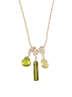 16" Sterling Silver Chrome Diopside Mini Crystal Necklace with Peridot & Lemon Quartz
