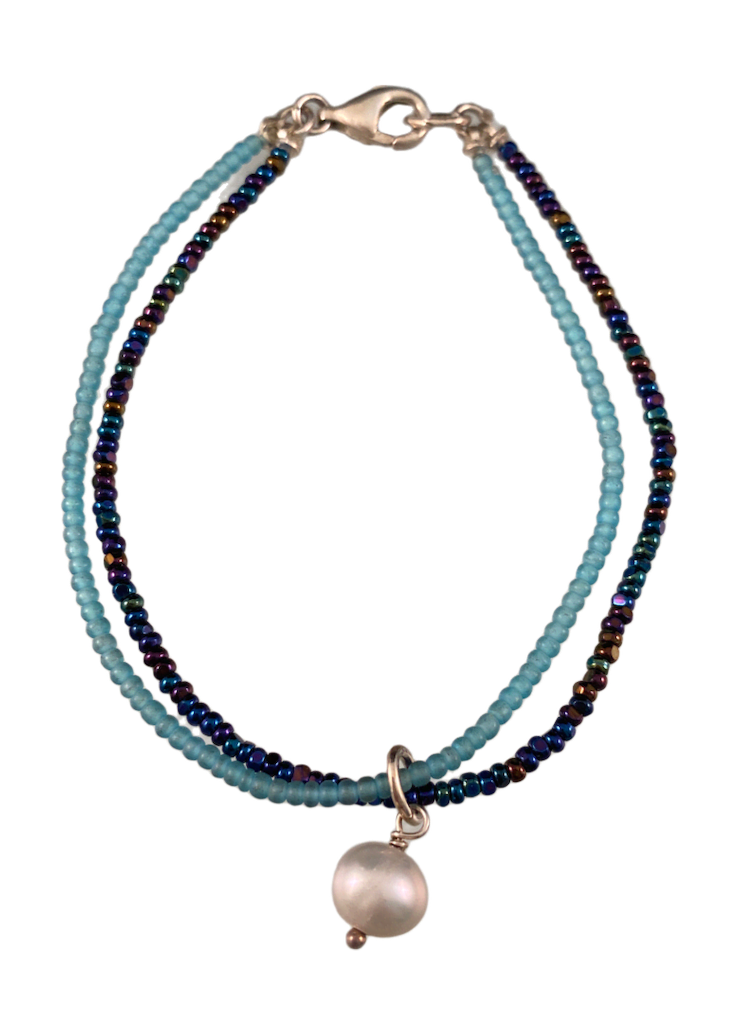 Gray Pearl Charm Blue Glass Bead Double Strand Bracelet