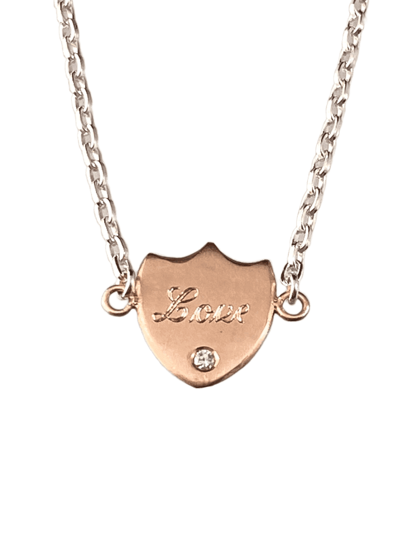 18” 18k Rose Gold 'Love' Shield Necklace with Diamond on Sterling Chain