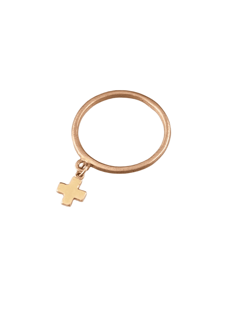 14K Solid Rose & Yellow Gold Tiny Cross Charm Ring