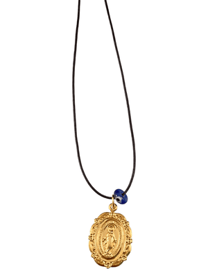 Yellow Gold Large Miraculous Mother Mary Medal on Black Cord with Evil Eye Necklace