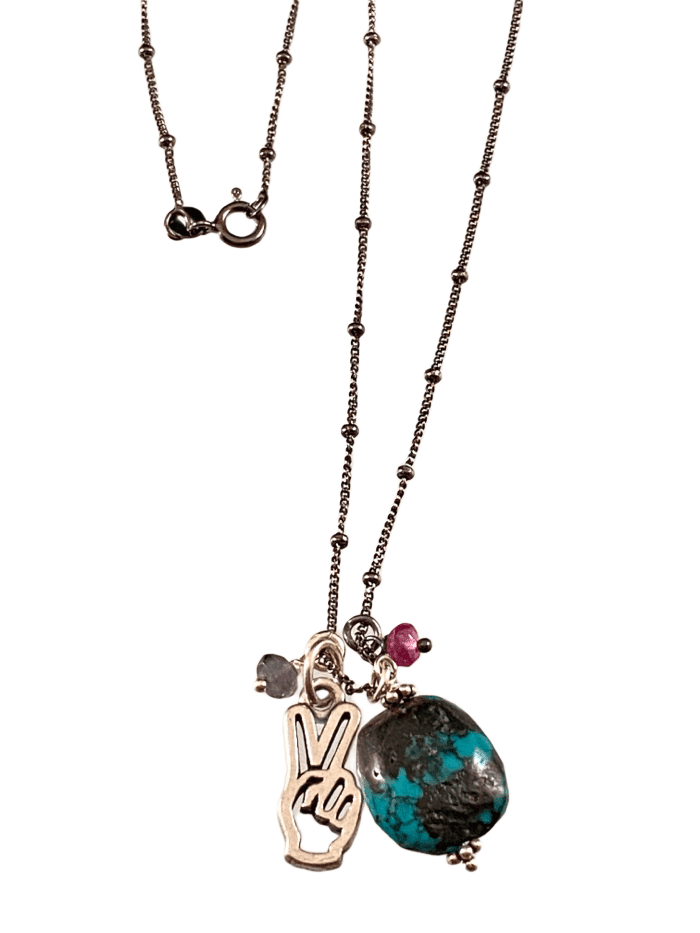 18" Turquoise Drop with Peace Hand and Pink Tourmaline & Iolite Gem Charm Necklace