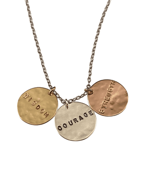 Tri-color Vermeil Wisdom Courage Strength Disc Charm Necklace