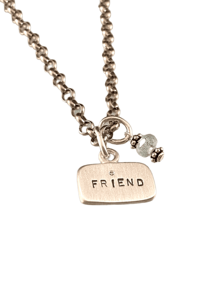 18” Sterling 'Friend' Diamond Tag Aquamarine Charm Necklace