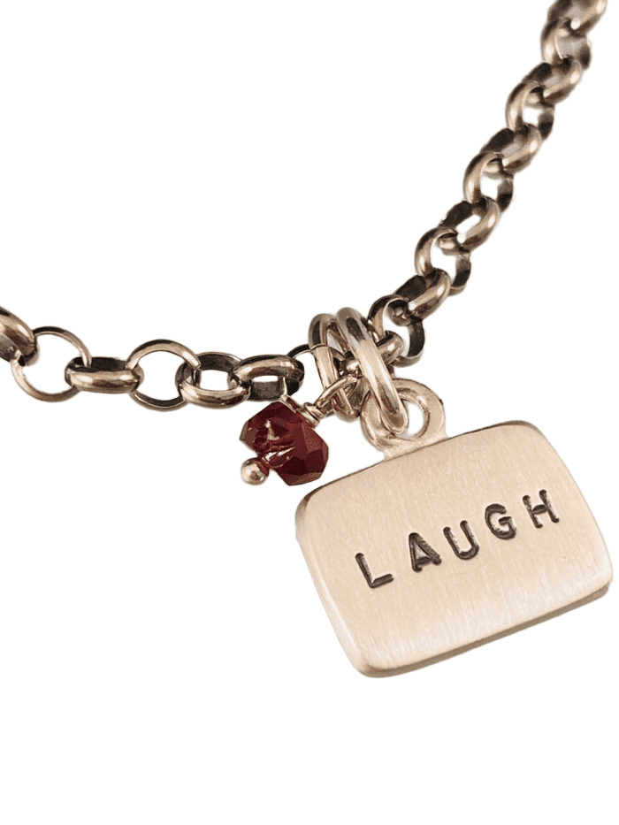 Laugh Sterling Silver Tag Charm Bracelet with Garnet Drop