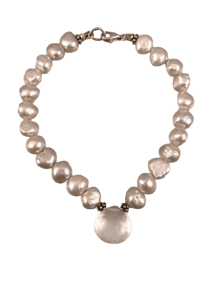 Light Grey Pearl and Quartz Crystal Gemstone Bracelet