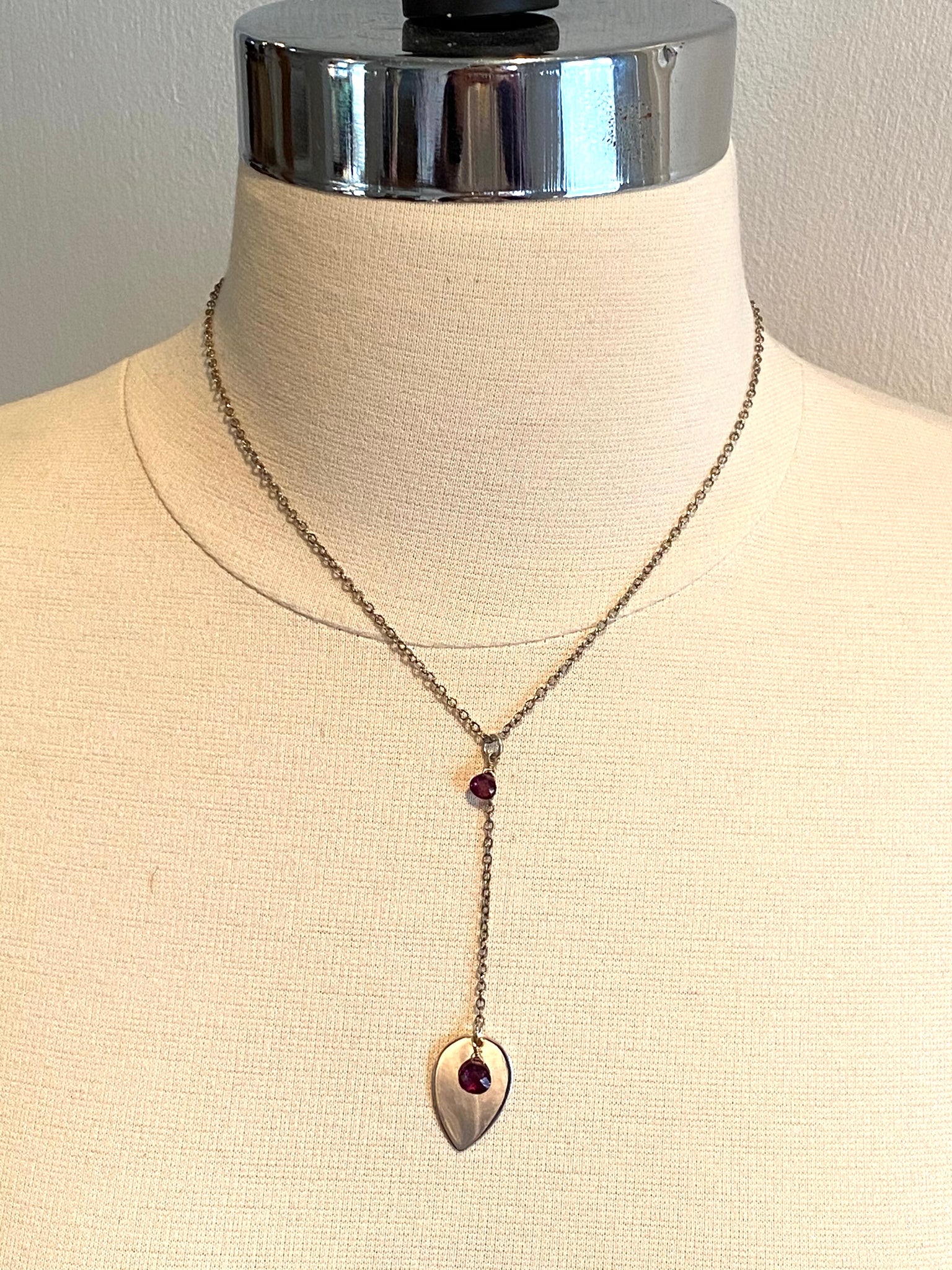 16" Garnet and Sterling Y Chain Drop Necklace