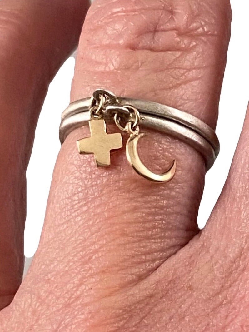 Sterling & 14K Gold Tiny Cross Charm Ring