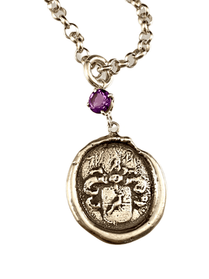 18" Sterling Silver Crest Engraved Bird Necklace with Amethyst